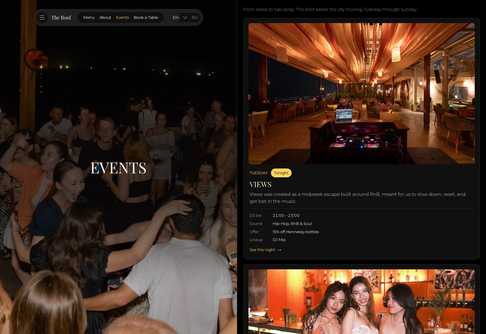 Eventsiden på theroofdanang.com i dag: ett kort per kveld med Tonight-merke og DJ-tid, lyd, tilbud og lineup i egne felt